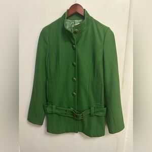Anthropologie Tulle Pea Coat Womens S Green Drop Waist Belted 60s Retro Style